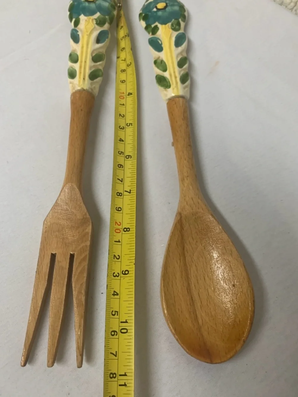 Hand-Painted Ceramic-Top Wooden Salad Fork and Spoon - Green Floral
